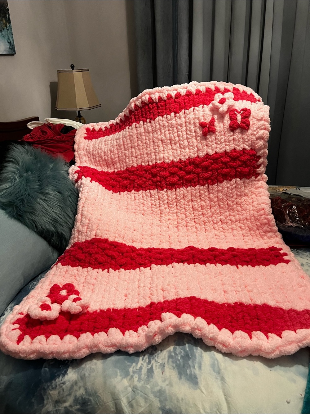 Handmade Chunky Pink & watermelon pink Blanket with Flower Accents